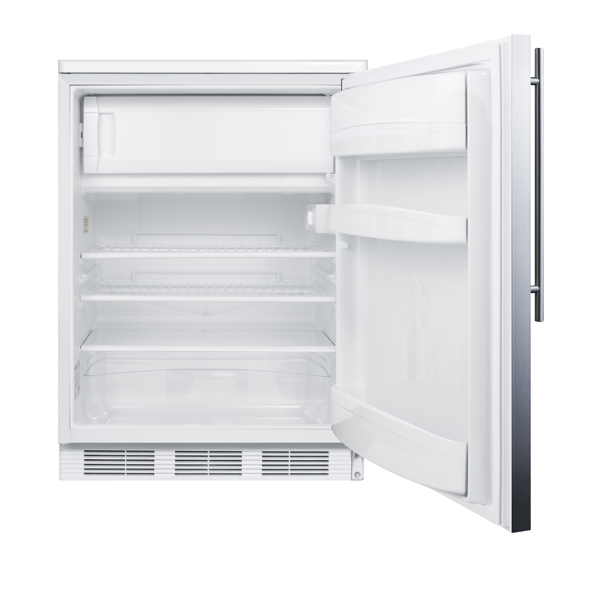 Freestanding refrigerator-freezer for general purpose use, with dual evaporator cooling, cycle defrost, lock, SS door, thin handle and white cabinet